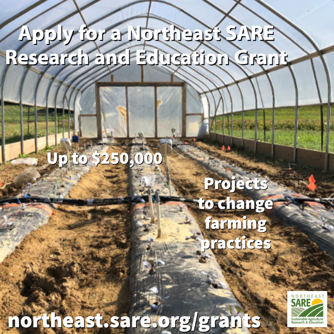 Several images of a high tunnel for farming above text encouraging applications to the Research and Education Grant program
