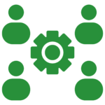 A green illustration of four minimalist people around a gear