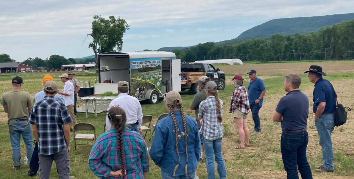 A group of farmers and researchers gather around a soil demonstration in the middle of a field