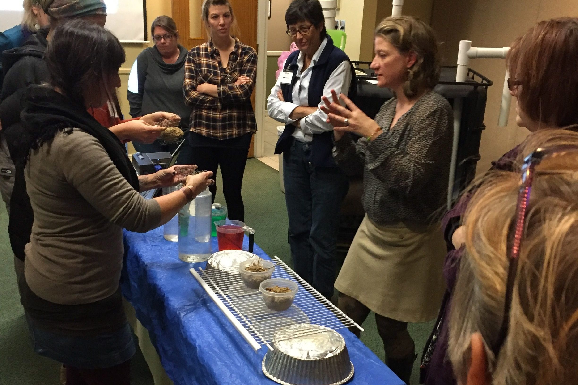 Women gathered around a table with an assortment of pots and containers all listening to a speaker