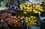 Baskets of fruits and vegetables at the farmers market